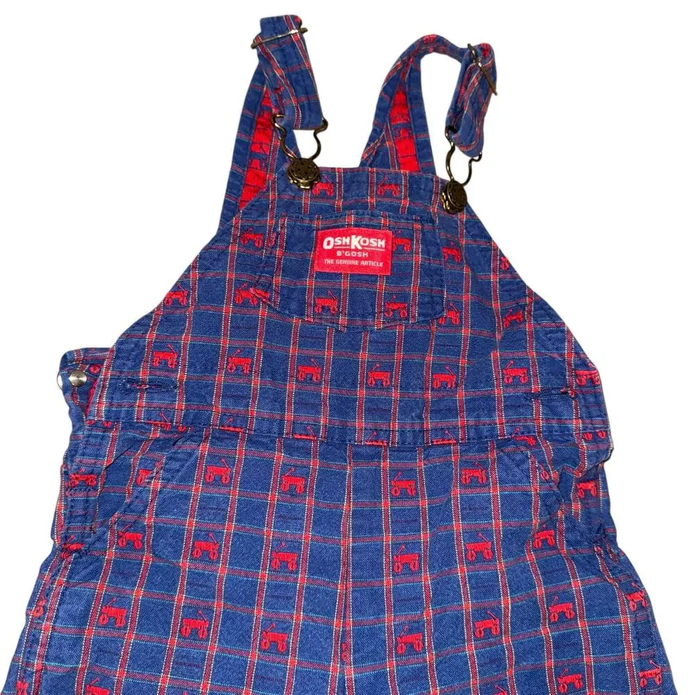 Vintage OshKosh B’Gosh Vestbak 90’s Navy Red Wagon Print Baby Boy’s Overalls 24M